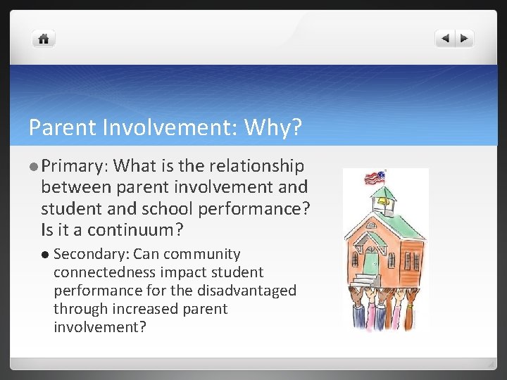 Parent Involvement: Why? Primary: What is the relationship between parent involvement and student and