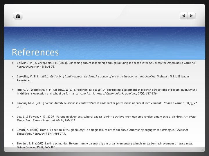 References Bolívar, J. M. , & Chrispeels, J. H. (2011). Enhancing parent leadership through