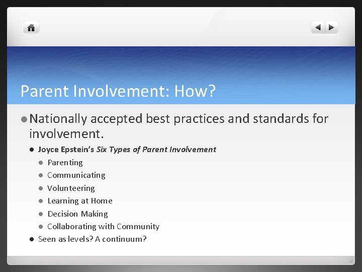 Parent Involvement: How? Nationally accepted best practices and standards for involvement. Joyce Epstein’s Six