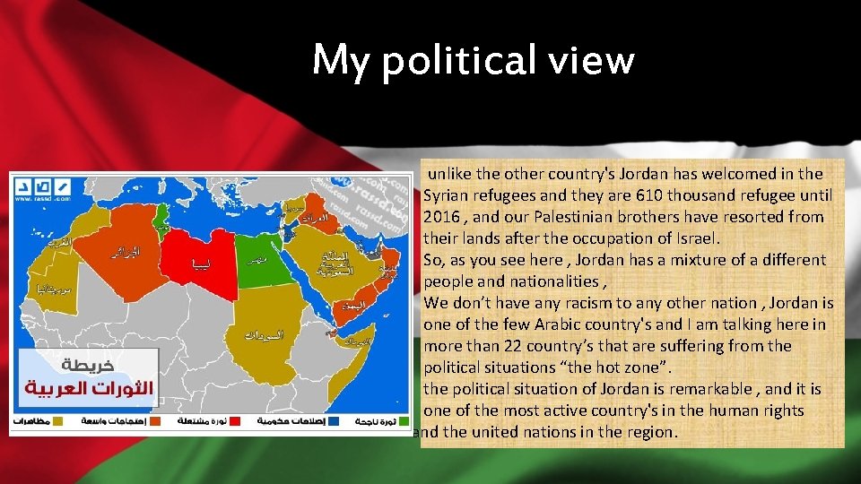 My political view unlike the other country's Jordan has welcomed in the Syrian refugees