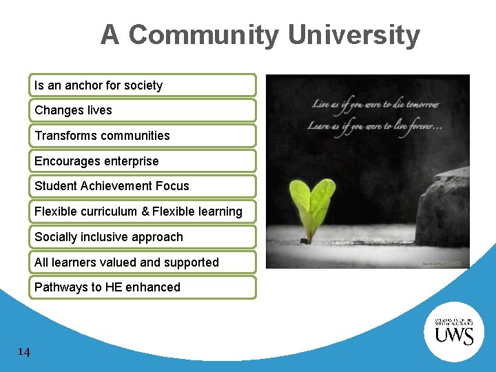 A Community University Is an anchor for society Changes lives Transforms communities Encourages enterprise