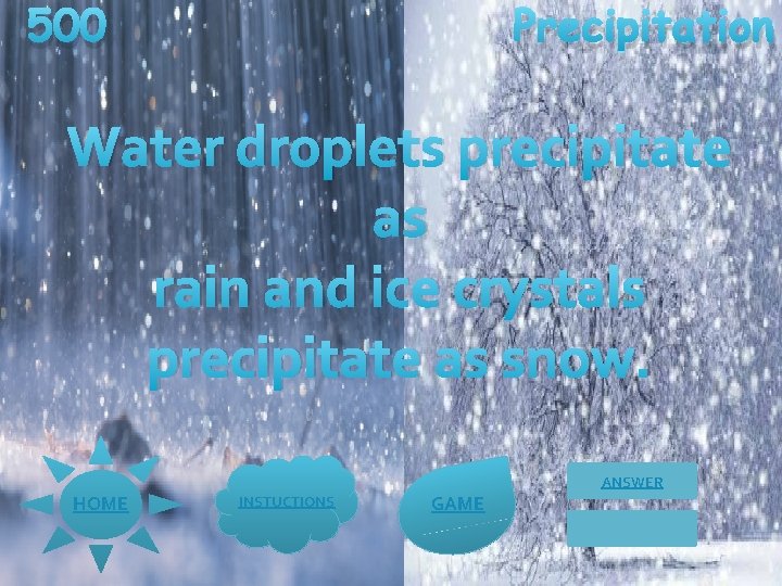 500 Precipitation Water droplets precipitate as rain and ice crystals precipitate as snow. ANSWER