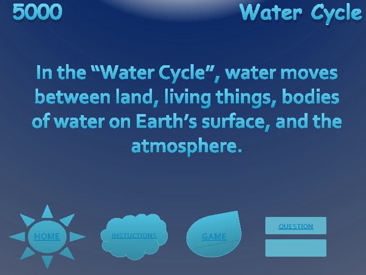 5000 Water Cycle In the “Water Cycle”, water moves between land, living things, bodies