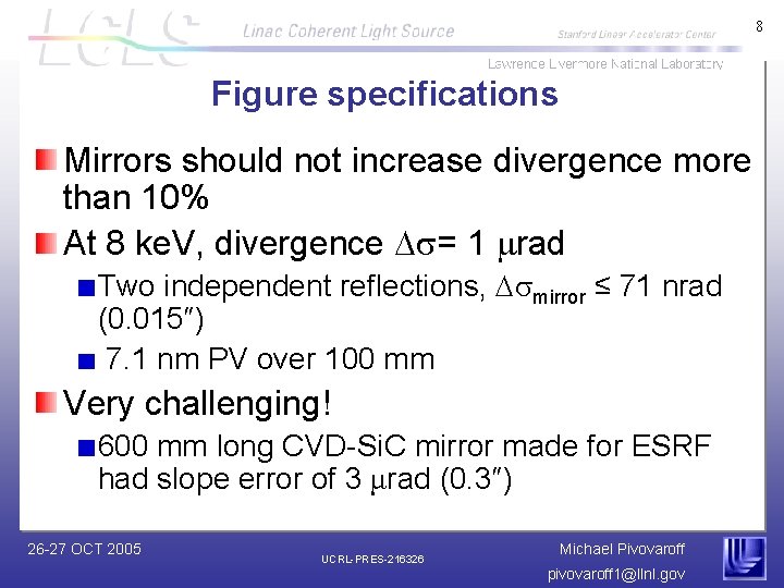 8 Figure specifications Mirrors should not increase divergence more than 10% At 8 ke.