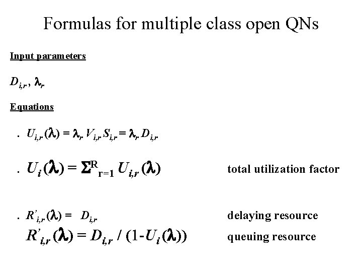 Formulas for multiple class open QNs Input parameters Di, r , r Equations .