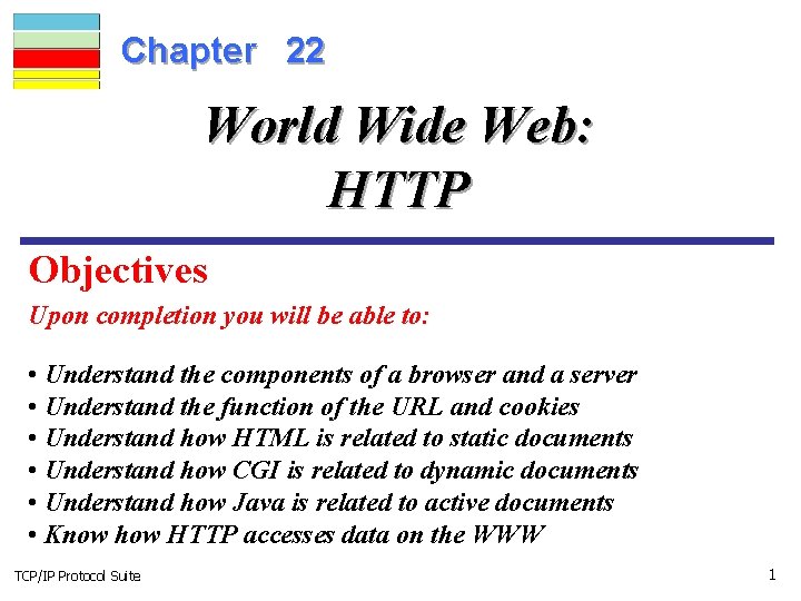 Chapter 22 World Wide Web: HTTP Objectives Upon completion you will be able to: