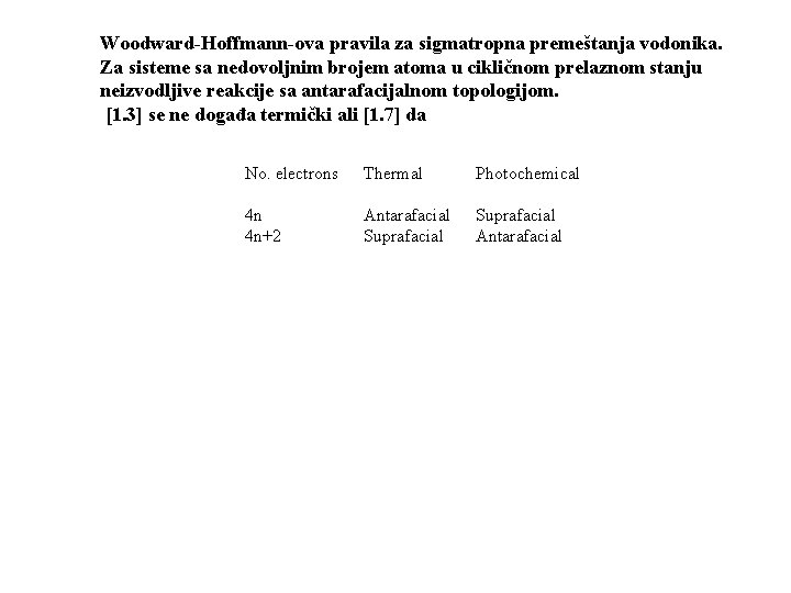 Woodward-Hoffmann-ova pravila za sigmatropna premeštanja vodonika. Za sisteme sa nedovoljnim brojem atoma u cikličnom