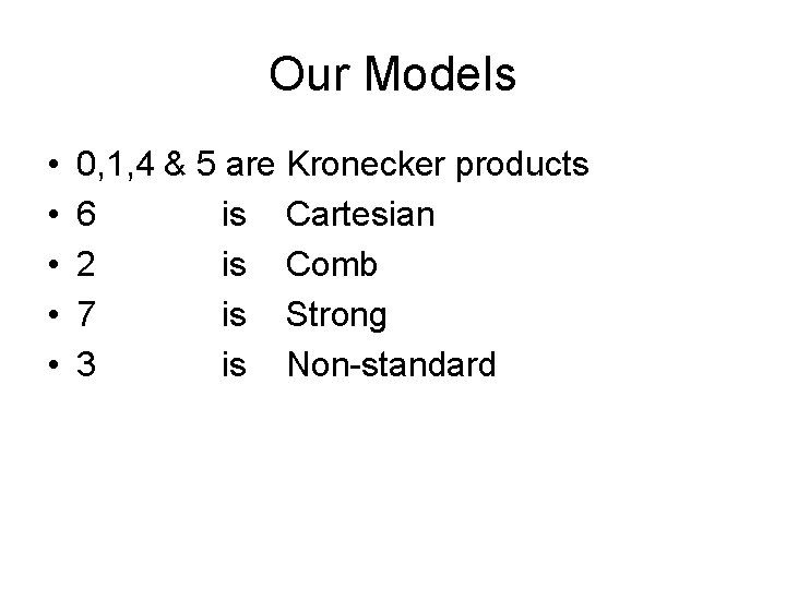 Our Models • • • 0, 1, 4 & 5 are Kronecker products 6 Our Models • • • 0, 1, 4 & 5 are Kronecker products 6