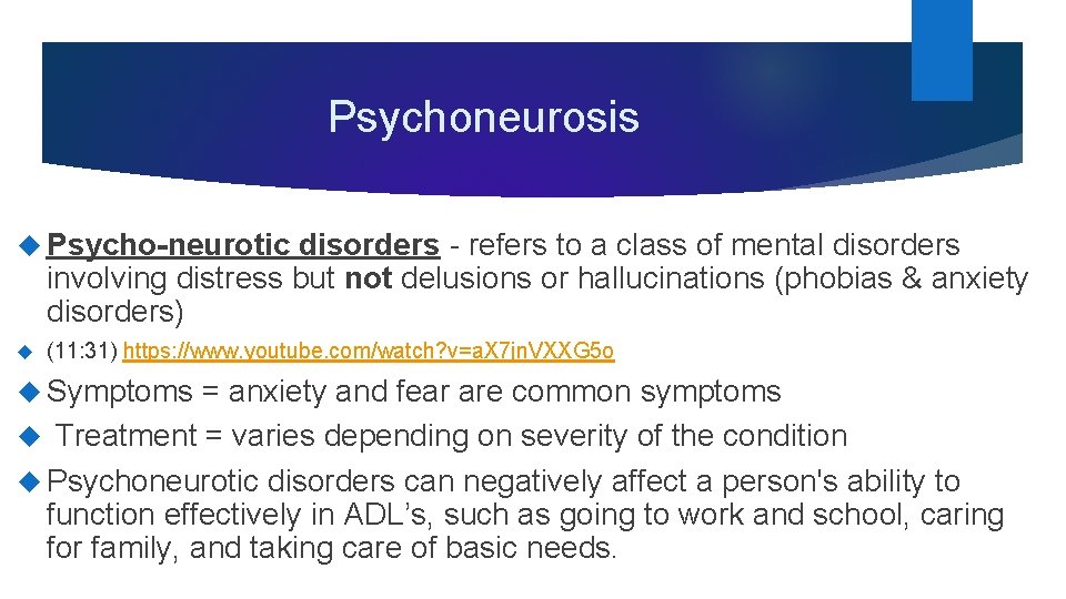 Psychoneurosis Psycho-neurotic disorders - refers to a class of mental disorders involving distress but