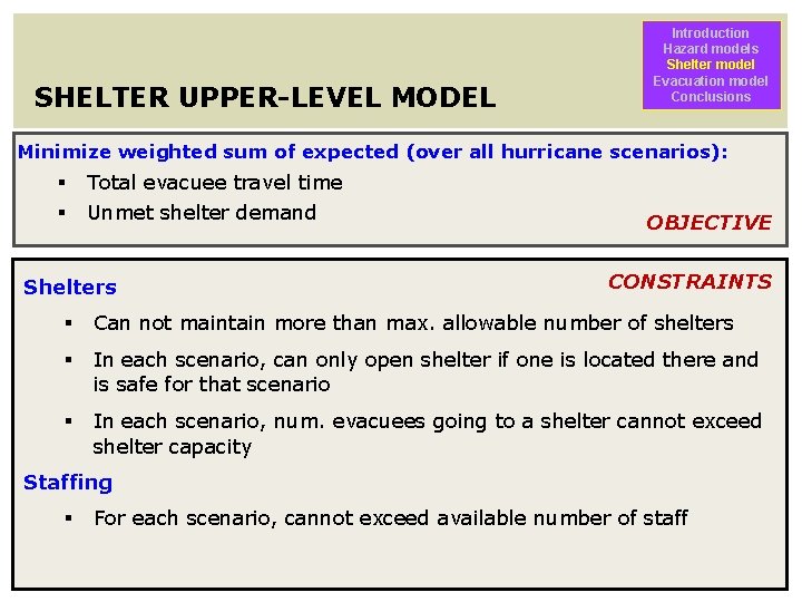 SHELTER UPPER-LEVEL MODEL Introduction Hazard models Shelter model Evacuation model Conclusions Minimize weighted sum