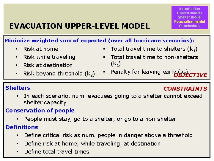 EVACUATION UPPER-LEVEL MODEL Introduction Hazard models Shelter model Evacuation model Conclusions Minimize weighted sum