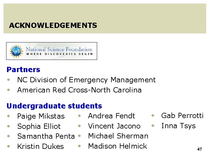 ACKNOWLEDGEMENTS Partners w NC Division of Emergency Management w American Red Cross-North Carolina Undergraduate