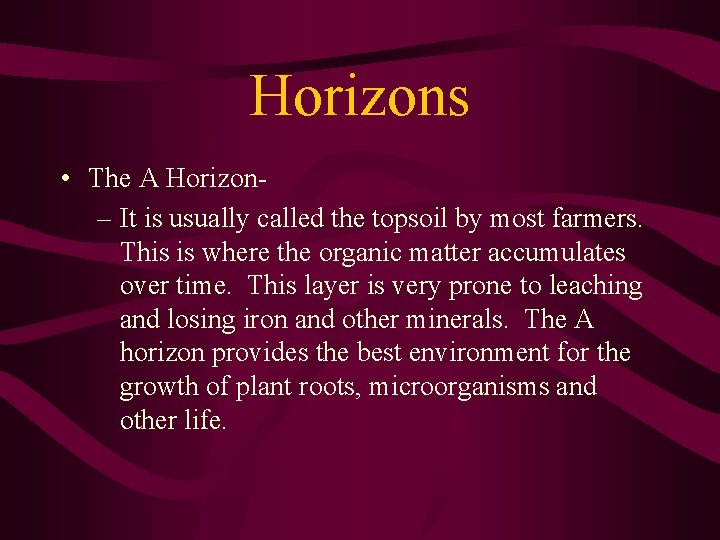 Horizons • The A Horizon– It is usually called the topsoil by most farmers.