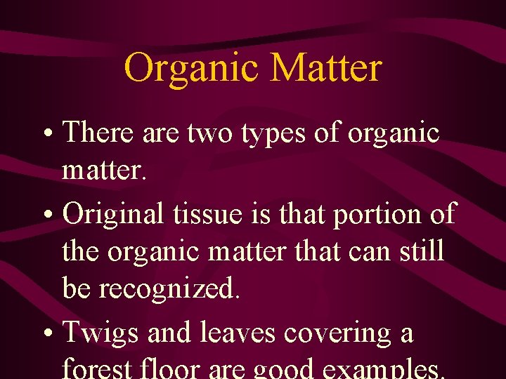 Organic Matter • There are two types of organic matter. • Original tissue is