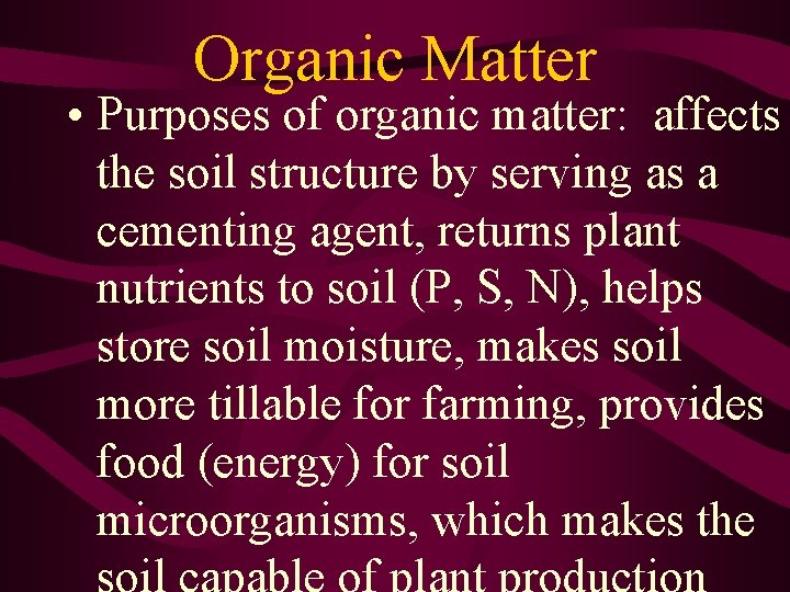 Organic Matter • Purposes of organic matter: affects the soil structure by serving as