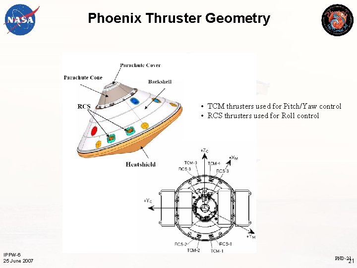 Phoenix Thruster Geometry • TCM thrusters used for Pitch/Yaw control • RCS thrusters used