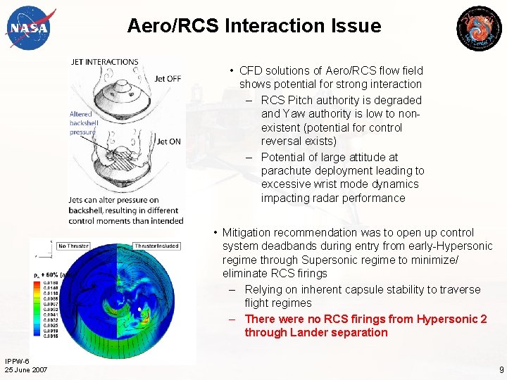 Aero/RCS Interaction Issue • CFD solutions of Aero/RCS flow field shows potential for strong