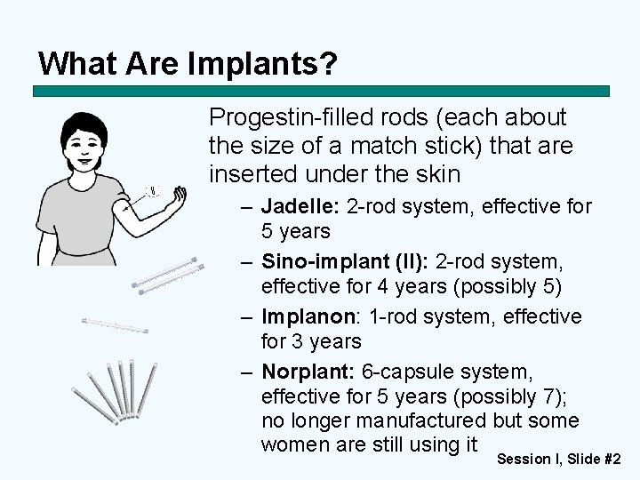 What Are Implants? Progestin-filled rods (each about the size of a match stick) that