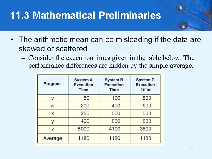 11. 3 Mathematical Preliminaries • The arithmetic mean can be misleading if the data