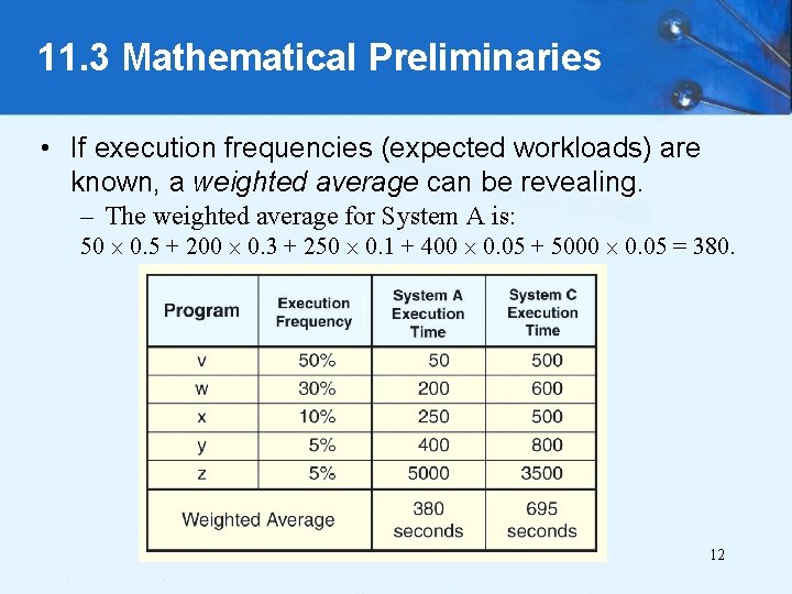 11. 3 Mathematical Preliminaries • If execution frequencies (expected workloads) are known, a weighted