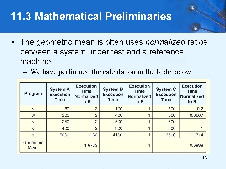 11. 3 Mathematical Preliminaries • The geometric mean is often uses normalized ratios between