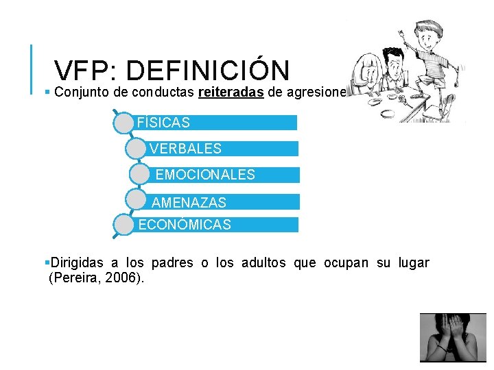  VFP: DEFINICIÓN § Conjunto de conductas reiteradas de agresiones: FÍSICAS VERBALES EMOCIONALES AMENAZAS