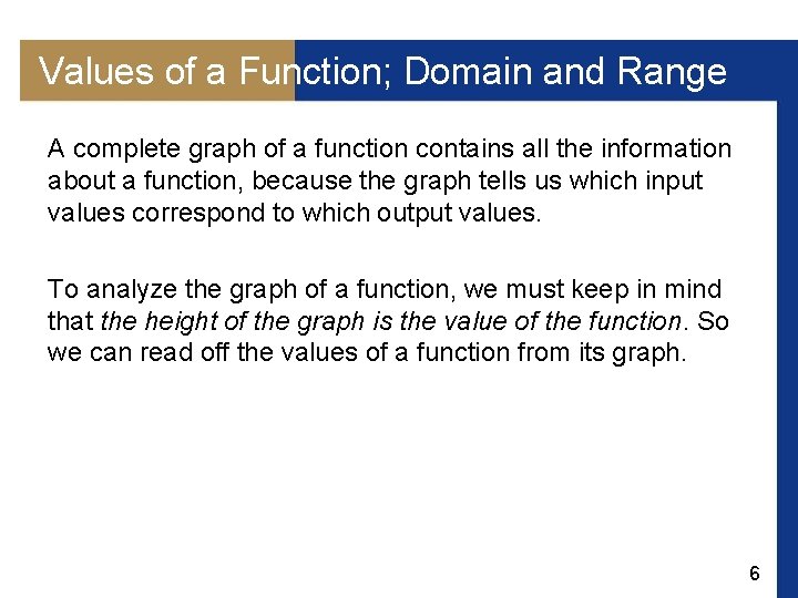 Values of a Function; Domain and Range A complete graph of a function contains