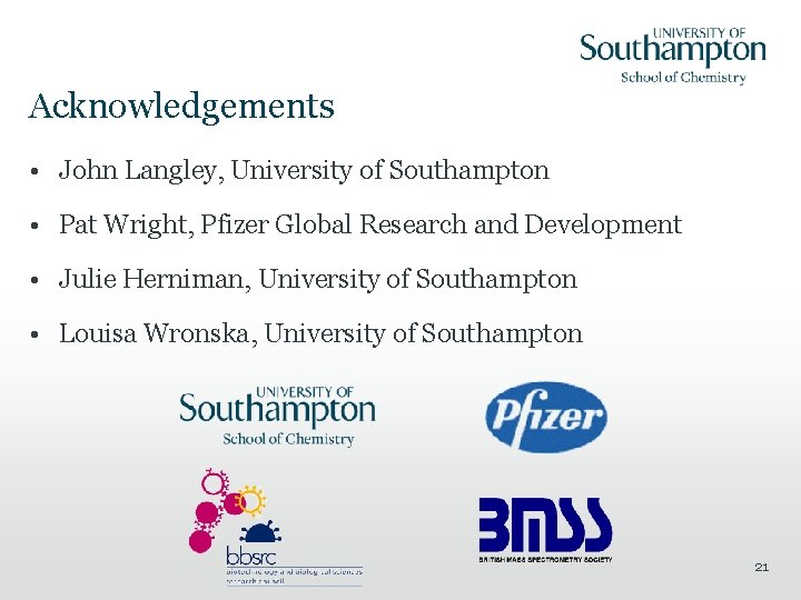 Acknowledgements • John Langley, University of Southampton • Pat Wright, Pfizer Global Research and