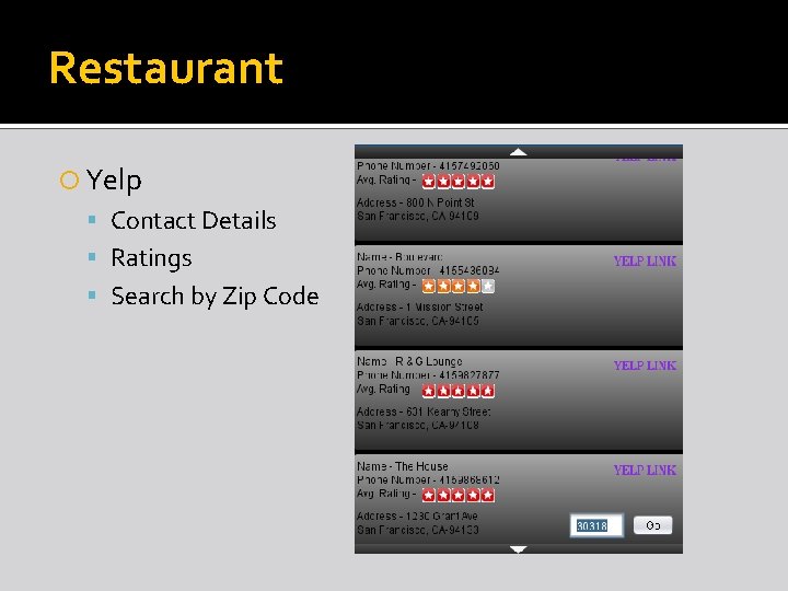 Restaurant Yelp Contact Details Ratings Search by Zip Code 