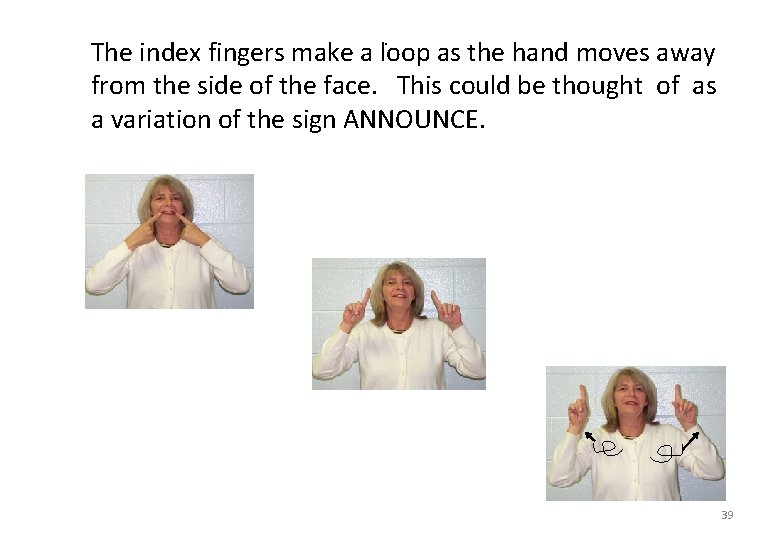 . The index fingers make a loop as the hand moves away from the