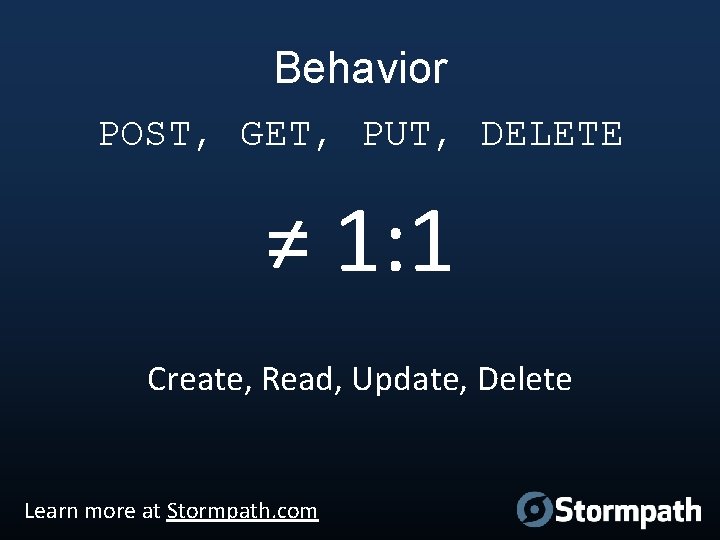 Behavior POST, GET, PUT, DELETE ≠ 1: 1 Create, Read, Update, Delete Learn more