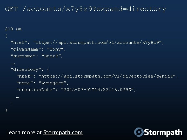 GET /accounts/x 7 y 8 z 9? expand=directory 200 OK { “href”: “https: //api.