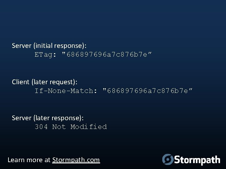 Server (initial response): ETag: "686897696 a 7 c 876 b 7 e” Client (later