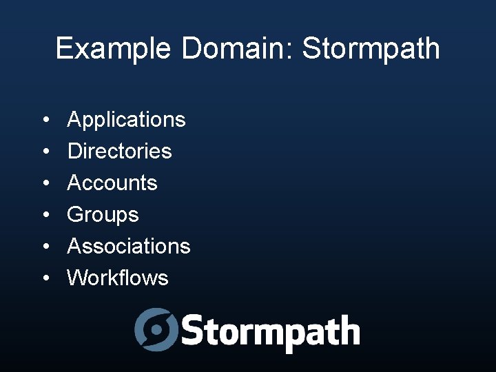 Example Domain: Stormpath • • • Applications Directories Accounts Groups Associations Workflows 