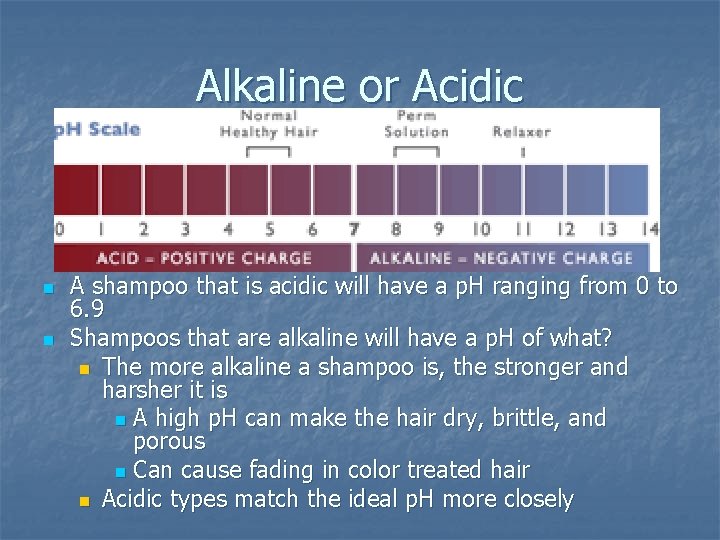 Alkaline or Acidic n n A shampoo that is acidic will have a p.