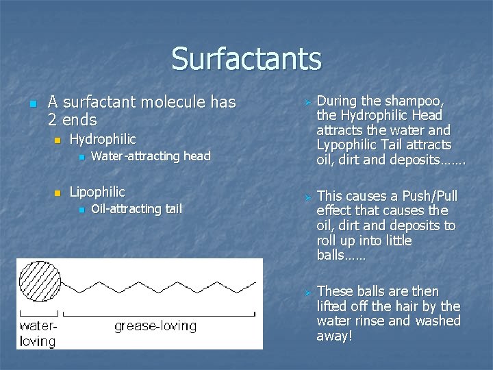 Surfactants n A surfactant molecule has 2 ends n Hydrophilic n n Ø Water-attracting