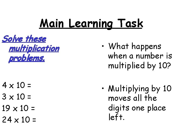 Main Learning Task Solve these multiplication problems. 4 x 10 = 3 x 10
