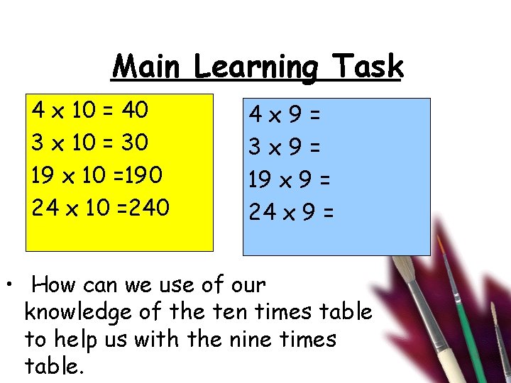 Main Learning Task 4 x 10 = 40 3 x 10 = 30 19