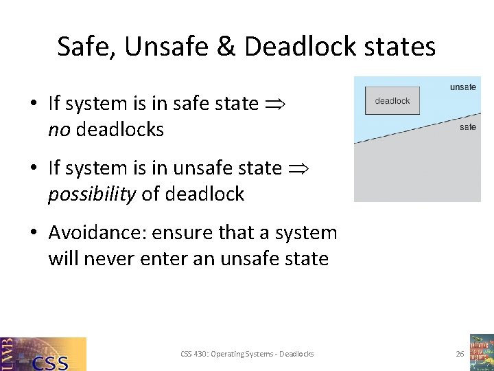 Safe, Unsafe & Deadlock states • If system is in safe state no deadlocks Safe, Unsafe & Deadlock states • If system is in safe state no deadlocks