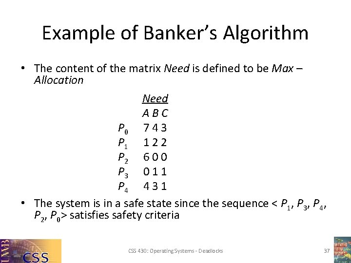 Example of Banker’s Algorithm • The content of the matrix Need is defined to Example of Banker’s Algorithm • The content of the matrix Need is defined to