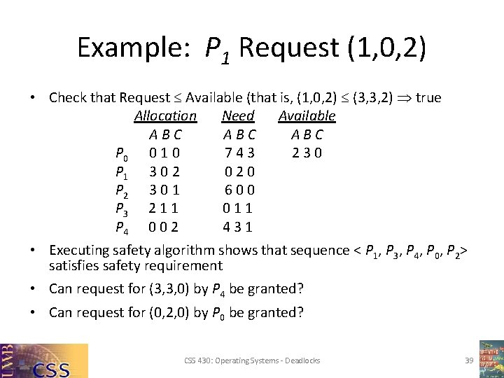 Example: P 1 Request (1, 0, 2) • Check that Request Available (that is, Example: P 1 Request (1, 0, 2) • Check that Request Available (that is,