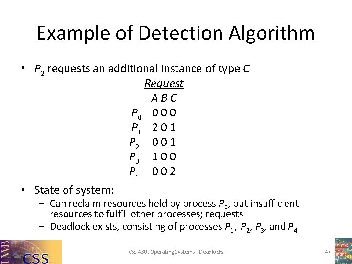 Example of Detection Algorithm • P 2 requests an additional instance of type C Example of Detection Algorithm • P 2 requests an additional instance of type C