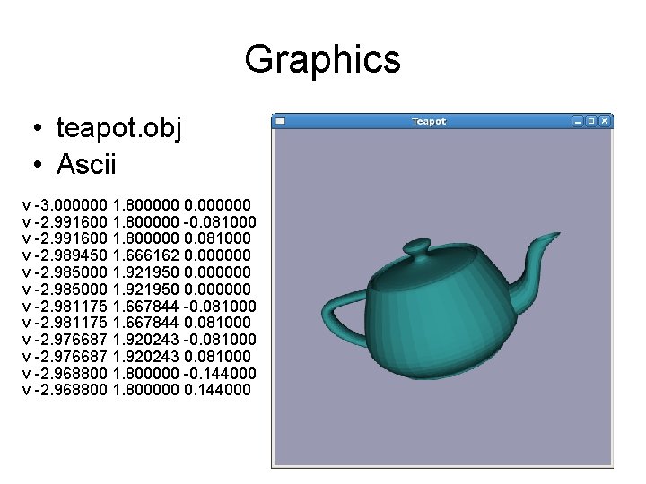 Graphics • teapot. obj • Ascii v -3. 000000 1. 800000 0. 000000 v