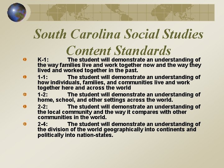 South Carolina Social Studies Content Standards K-1: The student will demonstrate an understanding of