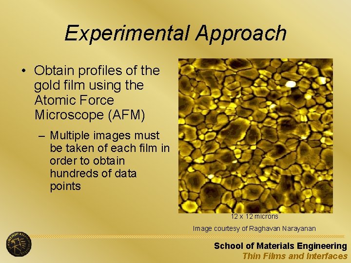 Experimental Approach • Obtain profiles of the gold film using the Atomic Force Microscope