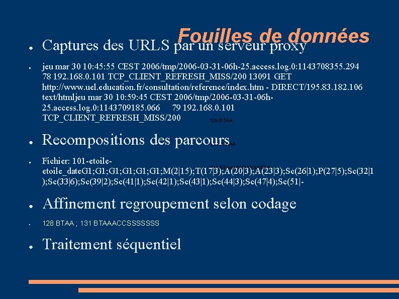 ● ● ● ● Fouilles de données Captures des URLS par un serveur proxy