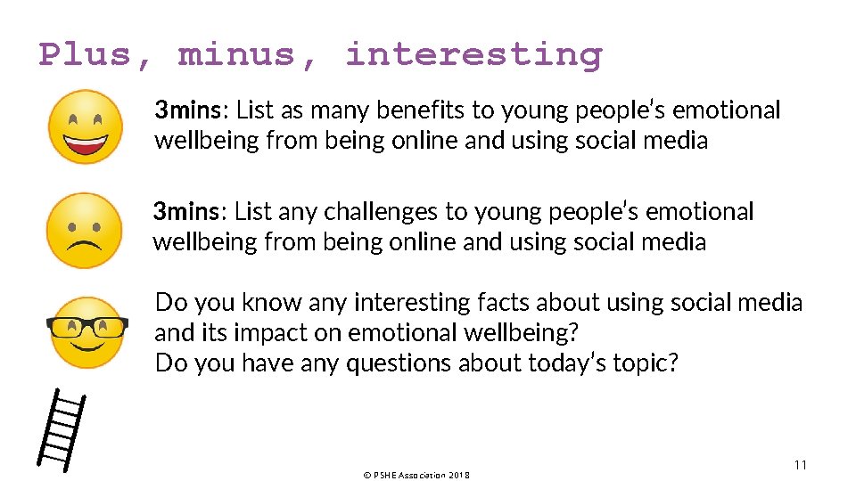 Plus, minus, interesting 3 mins: List as many benefits to young people’s emotional wellbeing