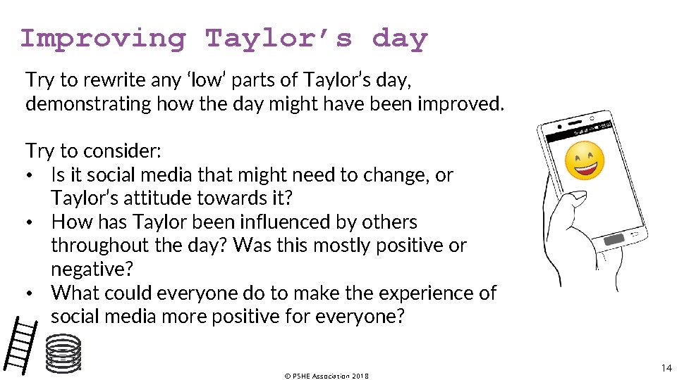 Improving Taylor’s day Try to rewrite any ‘low’ parts of Taylor’s day, demonstrating how