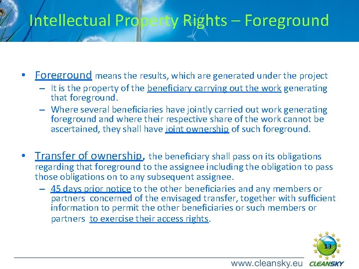 Intellectual Property Rights – Foreground • Foreground means the results, which are generated under