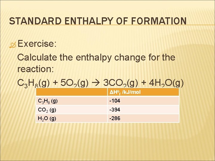 STANDARD ENTHALPY OF FORMATION Exercise: Calculate the enthalpy change for the reaction: C 3